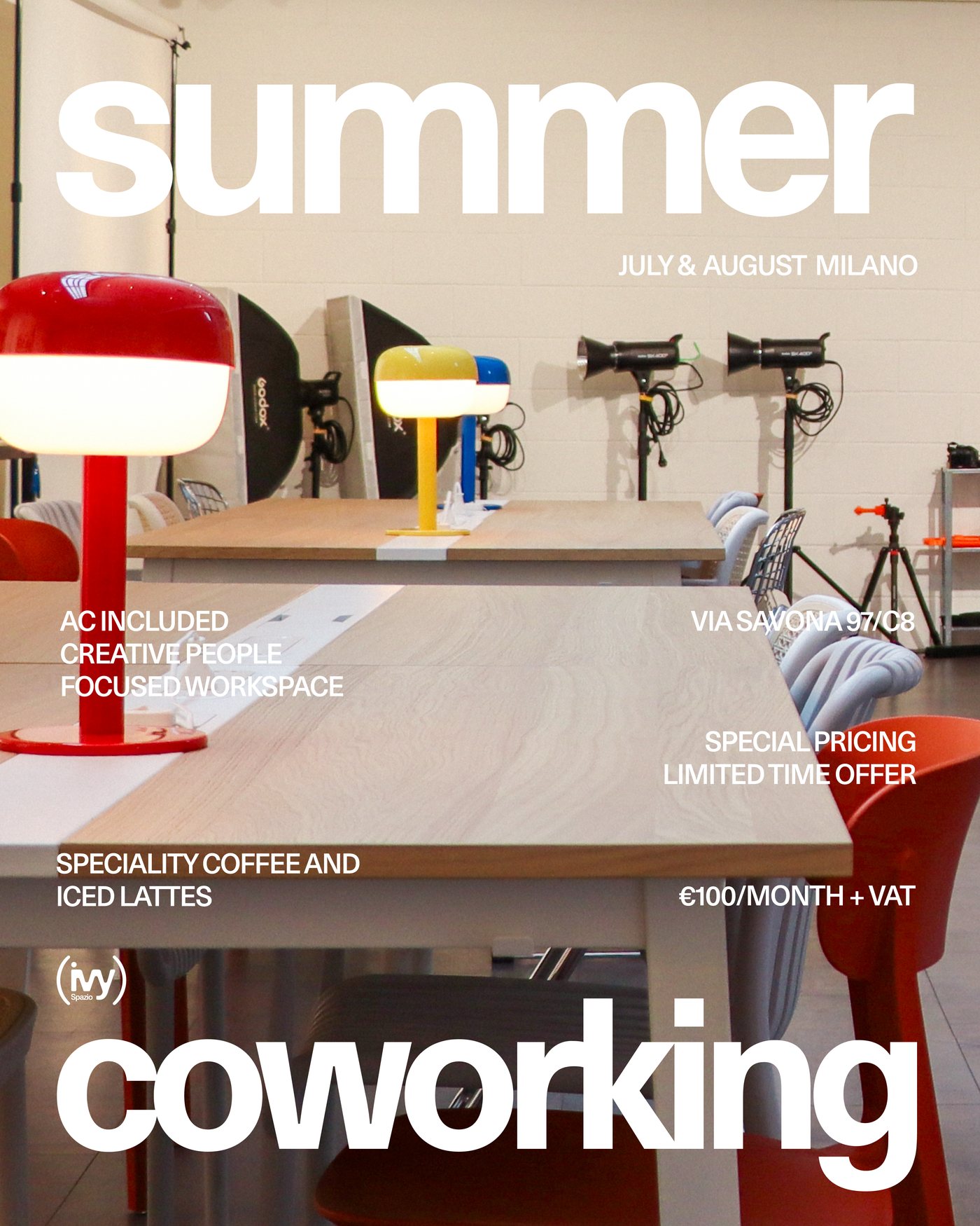 Summer coworking offer — July & August in Milano, special pricing, limited time offer. €100/month + VAT.